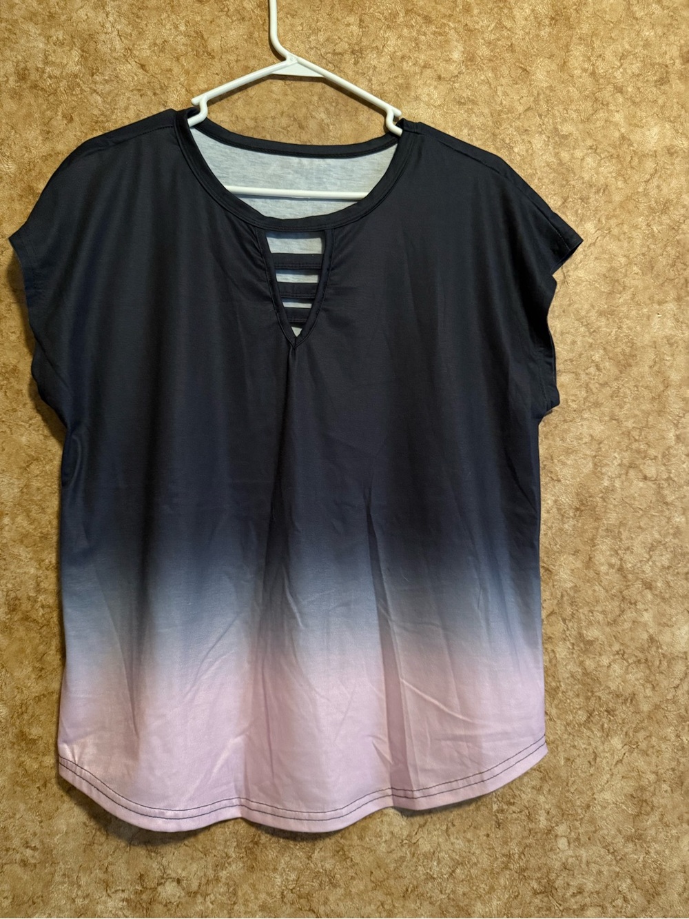 SHEIN Gray/Black to Light Pink Ombre Short Sleeve Top with Strappy V Detail
